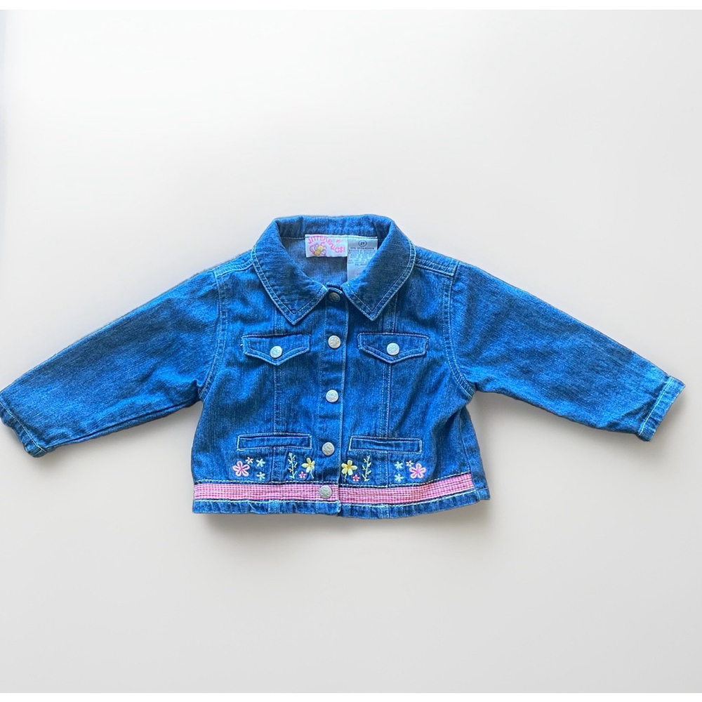 Vintage 90s JitterBugs! Denim Jacket Embroidered Flowers & Pink Gingham Trim 2T - Picture 2 of 4